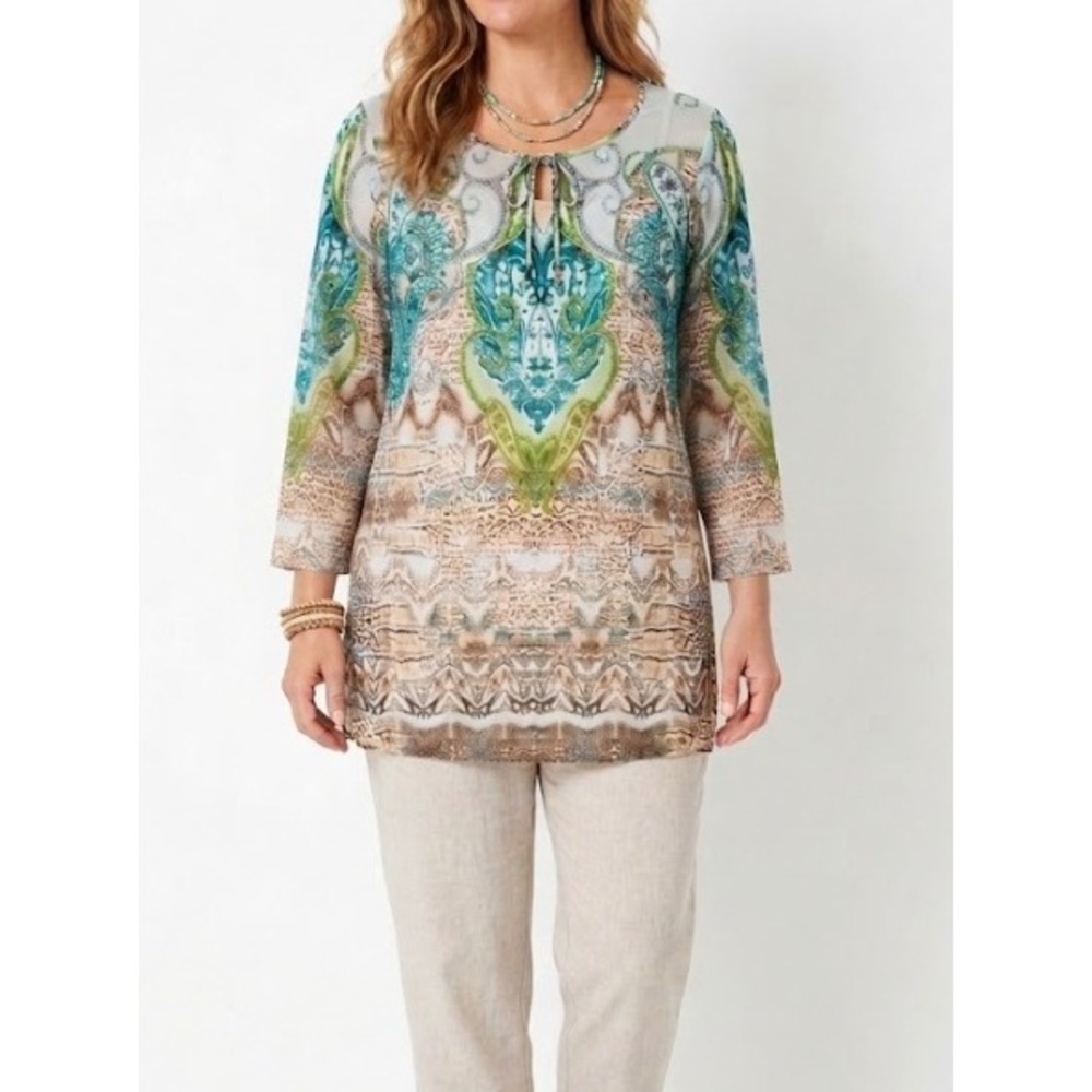 Chico's Tunic size Large/2 Blue Green Paisley Artsy Beaded Tassel Vacation